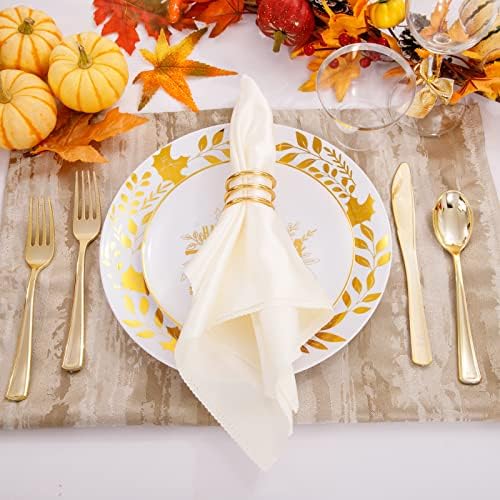 Ciaell 125PCS Thanksgiving Plastic Plates - Fall Pumpkin Disposable Plates White and Gold Heavy Duty Dinnerware Set include 25Dinner Plate, 25Desset Plate, 25Knives, 25Forks, 25Spoons for Thanksgiving - Image 6