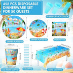 Funnymoom 452 Pcs Hello Summer Plates and Napkins Beach Party Supplies for 50, Summer Beach Cup Tablecloth Cutlery Disposable Tableware for Hawaiian Tropical Luau Ocean Pool Birthday Party Decoration - Image 2
