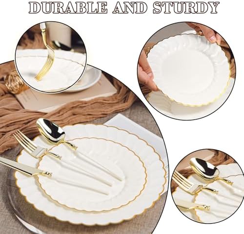 HOMIP 150PCS Ivory Plates with Gold Disposable Silverware - Include 60 Scalloped Plastic Plates, 30 Knives, 30 Forks, 30 Spoons Elegant & Lightweight for Weddings, Birthdays, Parties - Image 7