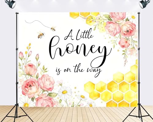 Trykid 10x8ft Honey Bee Baby Shower Backdrop A Little Honey is on The Way Floral Pink Roses Yellow Honeycomb Photography Background Gender Reveal Party Decorations Photoshoot Studio Props Fabric - Image 2