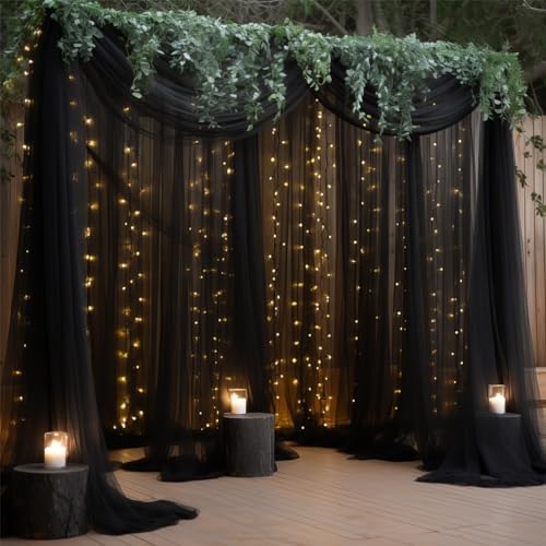 30×10ft Black Tulle Backdrop Curtain with Lights String for Parties, Sheer Curtain Backdrop Drapes for Wedding Party Photography Background by WishCare