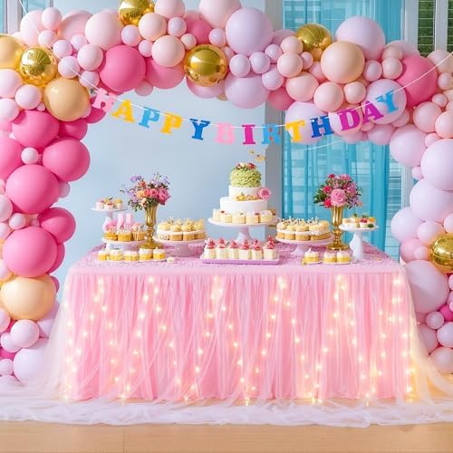 PARTISKY Pink Tulle Tutu Table Skirt for Rectangle Tables or Round Tables,Led Light String Table Cloth for Girls Baby Shower Birthday Party Dessert/Cake Tables - Image 4