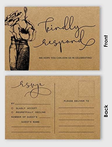 RSVP Postcards (Set of 50) 4"X6" Blank with Mailing Side,RSVP Reply Response Cards for Wedding Floral Kraft Script Style Print Return Cards - Image 3