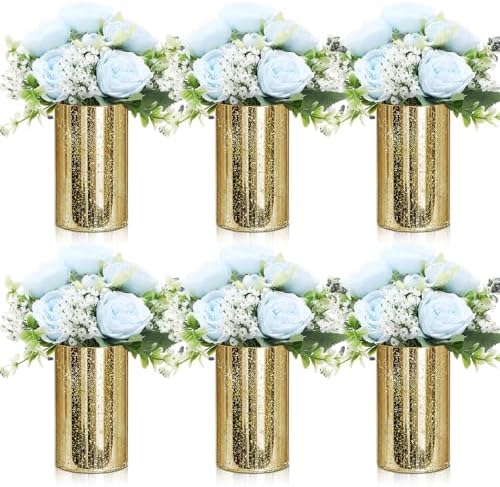 Suncalla 6 Sets Gold Cylinder Vases Artificial Peony Candle Holders, Blue by Unknown