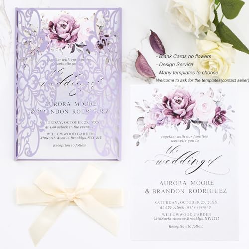 50pcs Laser Cut Wedding Invitations with Envelopes and Rsvp Cards Purple - Image 2