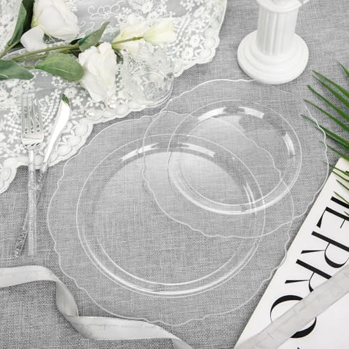 Liacere 150PCS Clear Silver Plastic Plates & Disposable Silver Plastic Silverware with Glitter Bamboo Handle Cutlery-Baroque Clear Disposable Plates for Wedding & Party & Summer - Image 6