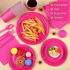 durony 350 Pieces Hot Pink Paper Dinnerware Set 7 Inch 9 Inch Disposable Dinner Plates Serve 50 Guests Paper Cup Cutlery Napkins Solid Color Party Supplies for Birthday Wedding Party Family Picnic - Image 4