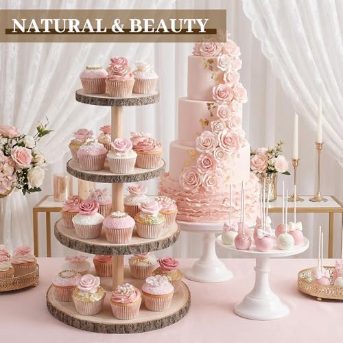 4 Tier Wooden Cupcake Tower, Wood Cupcake Stand, Tiered Dessert Stands, Large Rustic Cupcakes Display Holder Stand, for Woodland Baby Shower Decoration Wedding Birthday Tea Party Farmhouse Decor - Image 6