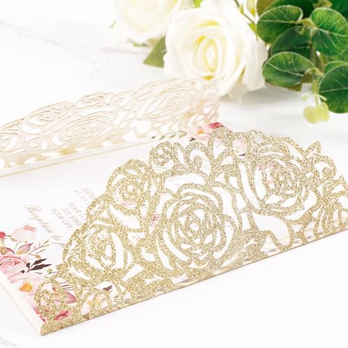 50pcs Gold Glitter Laser Cut Invitation Pockets with Blank Inner Sheets - Image 6