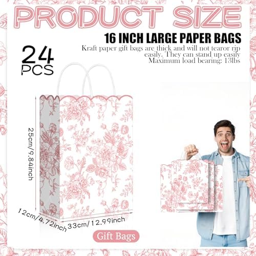 Kolldenn 24 Pcs Pink Floral Gift Bags with Handles - Image 2