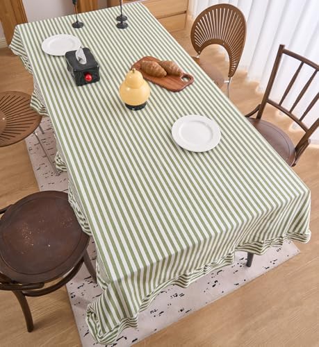 vctops Farmhouse Sage Green Stripe Ruffle Table Cloth, Boho Cotton Linen Tablecloth, Washable Table Cover for Rectangle Table Baby Shower Kitchen Party Wedding Decor (Green B,55"x118") - Image 4