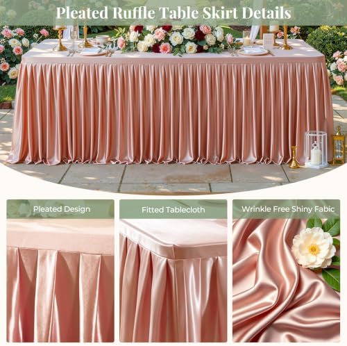 1 Pack Dusty Rose Satin Tablecloths Rectangle 8FT, Glitter Spandex Fitted Stretch Table Covers Wrinkle-Free Floor Length Shimmer Table Skirt for Weddings Parties Baby Shower Banquets Vendor Events - Image 2
