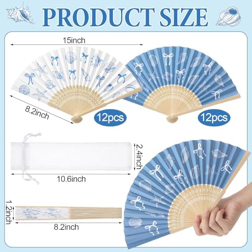 Wenqik 24 Sets Coastal Seashell Folding Fans Bulk with Organza Bags Blue Bow Beach Paper Hand Fans for Wedding Last Toast on The Coast Baby Shower Summer Ocean Under The Sea Party Favors Supplies - Image 3