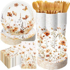 400 Pcs Fall Wild Floral Disposable Paper Plates Napkins Cups Serve 50 Floral Tableware Set for Autumn Thanksgiving Harvest Wedding Tea Party Decoration Bridal Shower Baby Shower by Sunnychicc