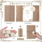 Tosstuki 50 Sets Pre-folded burlap Wedding Invitation Jackets for 5x7 Cards, Rustic Wedding Wraps with Wooden Heart Pendants Accessories for Bridal Shower & Vintage Party Decor - Image 2