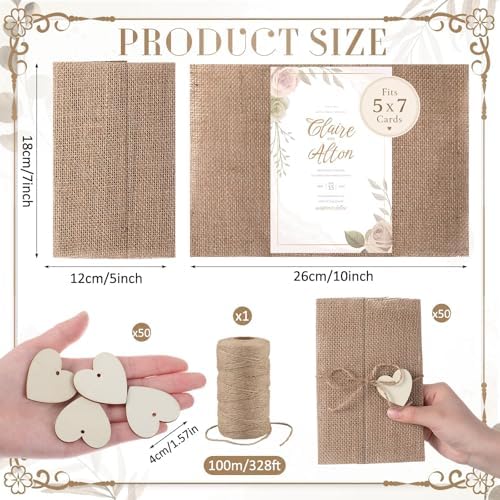 Tosstuki 50 Sets Pre-folded burlap Wedding Invitation Jackets for 5x7 Cards, Rustic Wedding Wraps with Wooden Heart Pendants Accessories for Bridal Shower & Vintage Party Decor - Image 2