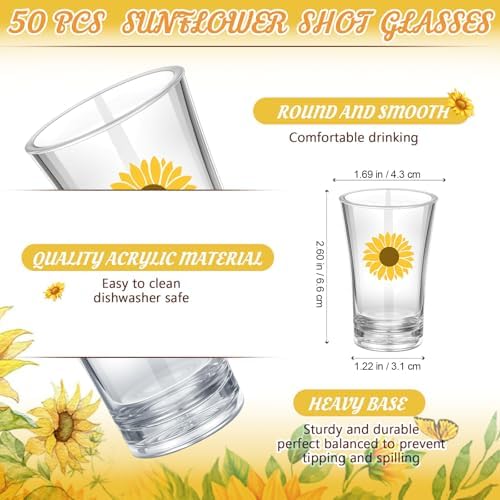 Funnymoom 50 Sets Sunflower Birthday Party Favors for Guests Souvenir Yellow Sunflower Acrylic Clear Shot Glasses Thank You Tags with Organza Bridal Shower Baby Shower Party Supplies - Image 3