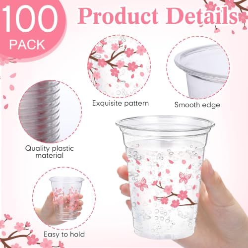 100 Pack Cherry Blossom Plastic Cups for Party Decorations,12 oz - Image 3