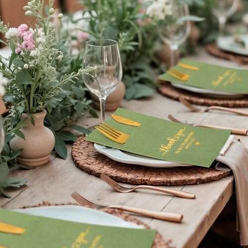 FYSUIMU 100 Pcs Wedding Linen Feel Napkins Sage Green Gold Foil Pocket Disposable Flatware Airlaid Paper Napkin Prefolded Dinner Guest Hand Towel For Wedding Engagement Bridal Baby Shower Party Decor - Image 5