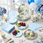 Pickmesh 250 Pcs Blue Hydrangea Party Supplies Blue Floral Gingham Checkered Paper Plates Napkins and Cups Hydrangea Disposable Tableware Set for Summer Wedding Birthday Tea Party Decorations Serve 50 - Image 4