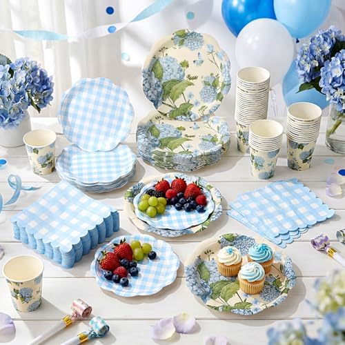 Pickmesh 250 Pcs Blue Hydrangea Party Supplies Blue Floral Gingham Checkered Paper Plates Napkins and Cups Hydrangea Disposable Tableware Set for Summer Wedding Birthday Tea Party Decorations Serve 50 - Image 4