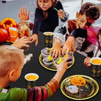 352 Pcs Black and Gold Party Dinnerware Set for 50 Guests Golden Dot Paper Plates Cups Napkins Plastic Tablecloths Forks Knives Spoons Black Gold Disposable Party Supplies for Birthday Decorations - Image 6