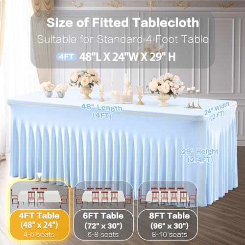 2 Packs Baby Blue Table Clothes for 4 Foot Rectangle Table, Spandex Tablecovers 4FT Stretch Fitted Table Covers Rectangle white Skirt for Baby Shower Birthday Party Event Wedding Banquet Decorations - Image 3
