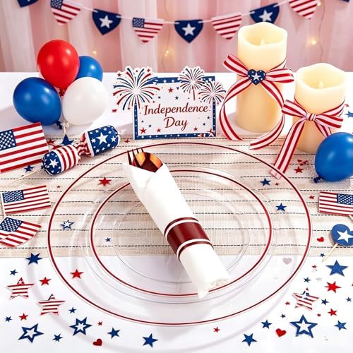 SUT 350 Pcs Red and Clear Plastic Dinnerware Set for 50 Guests, Include: 50 Dinner Plates, 50 Dessert Plates, 50 Pre Rolled Napkins With Silverware, 50 Cups, Disposable Plates for Party - Image 6