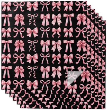 Pink Bows Cloth Napkins Set of 6, Modern Abstract Sweet Ribbon Bowknot on Black Washable Reusable Dinner Cocktail Napkin for Kitchen Party Wedding Banquet Holiday Baby Shower Table Decor by PIEPLE