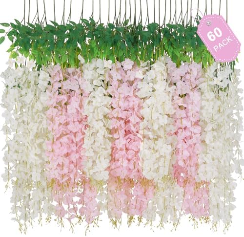 60 Pack White Pink Wisteria Hanging Flowers, Fake Hanging Flowers for Decoration, Artificial Flowers,Vines for Bedroom,Flower Garland for Home,Party,Garden, Wall,Wedding Decoration(3.6 Ft/Pcs) by Waipfaru