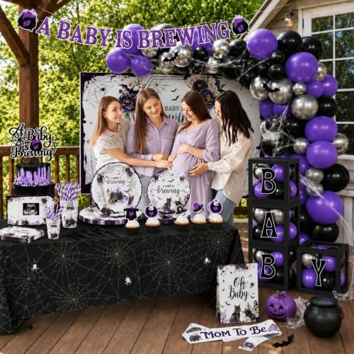 Halloween Baby Shower Decorations 265pcs A Baby Is Brewing Baby Shower Decorations Plates and Napkins Purple Watercolor Flower Coffin Vampire Bat Tableware for Halloween Baby Sprinkle Party Supplies - Image 3