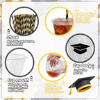 Whaline 50Pcs 12Oz Graduation Disposable Plastic Cups with Lids and Straws Black Graduation Cap Cold Beverage Drinking Cups for Congrats Grad Party Supplies - Image 3