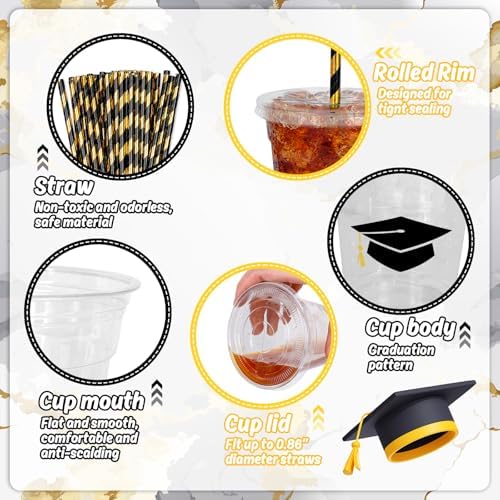 Whaline 50Pcs 12Oz Graduation Disposable Plastic Cups with Lids and Straws Black Graduation Cap Cold Beverage Drinking Cups for Congrats Grad Party Supplies - Image 3