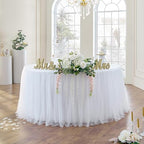 252in White Tulle Table Skirts for Rectangle Tables 8ft, 2-Layer Gold Grim Ruffle Tulle Tutu Cloth Table Skirt 21ft Long for Wedding Birthday Party Baby Shower Cake Dessert Tables(No Table Cover) - Image 2