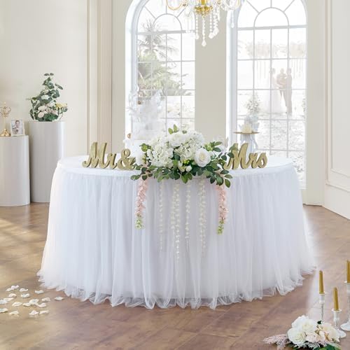 108in White Tulle Table Skirts for Rectangle Tables 8/6/4ft, 2-Layer Gold Grim Ruffle Tulle Tutu Cloth Table Skirt 9ft Long for Wedding Birthday Party Baby Shower Cake Dessert Tables(No Table Cover) - Image 2