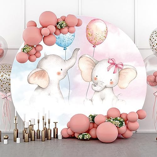 6.5x6.5ft Boy or Girl Gender Reveal Round Backdrop Cover Cute Elephant Blue Pink Balloon Circle Photography Background for Newborn Baby Shower Gender Reveal Party Decoration Cake Table Banner - Image 4