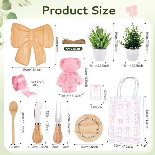 56Pcs Baby Shower Prizes for Game Winners Bamboo Cheese Board Fork Butter Spreaders Coasters Towel Artificial Potted Plant Gift Bag for Baby Shower Bridal Shower Favors (6 Sets, Bamboo Bow Shaped) - Image 3