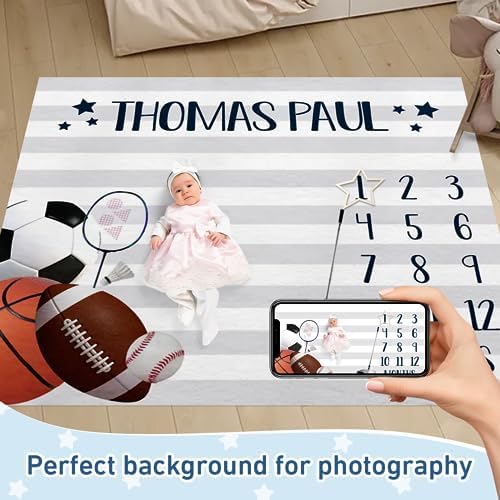 Personalized Baby Monthly Milestone Blanket Boy or Girl - Sport Theme Months Blanket with Wood Frame and Newborn Wooden Sign - Growth Chart Milestone Blanket 1-12 Month Milestones(FixedSize) - Image 2