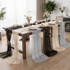 Artoid Mode 6PC Beige Black White Gauze Table Runner 120 Inch 10FT, Glitter Metallic Foil Sheer for Wedding Anniversary Holiday Birthday Home Party Decor - Image 3