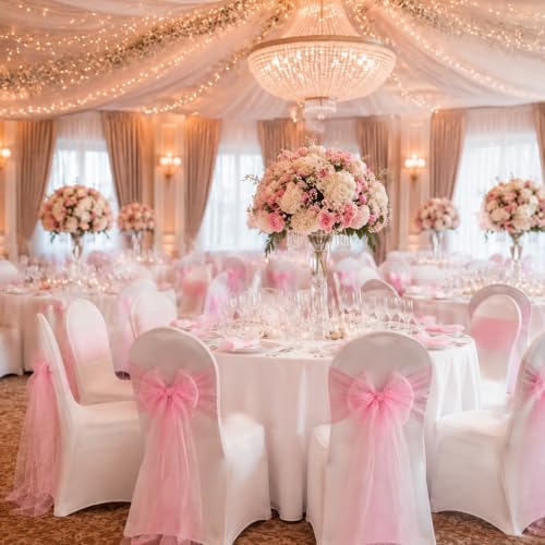 50 Pack Pink Pearls Bows Chair Sashes Ribbons Wedding Decor 7 x 108 in - Image 3
