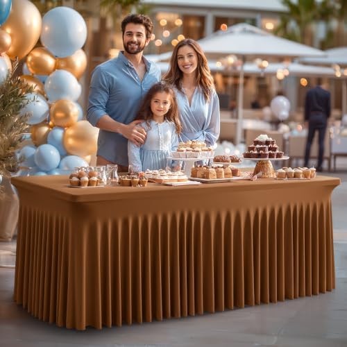 Shillance 6 Packs Brown Spandex Tableclothes for 8 Foot Rectangle Table, Spandex Table Covers 8FT Stretch Table Skirts Wrinkle Free Fitted Table Cloth for Event, Wedding, Banquet & Parties - Image 5