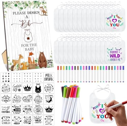 Panitay 100 Pcs DIY Baby Bibs Decorating Kit 50 White Bibs 25 Stencils 24 Markers 1 Baby Shower Game Sign by Panitay