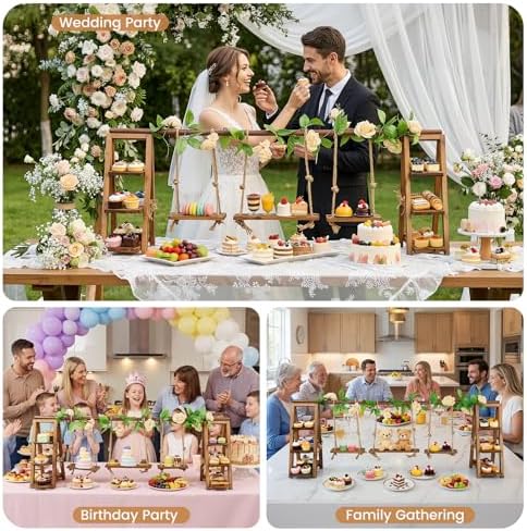 3 Tier Wooden Cupcake Stand with Swing & Flower Decor for Cake Fruit Snack - Image 2