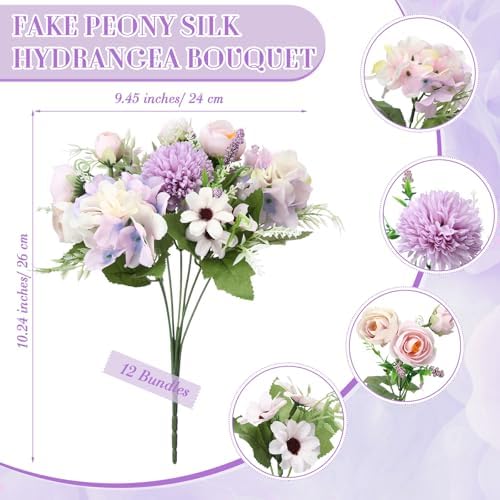 Tigeen 12 Bundles Peonies Artificial Flowers Faux Roses, Purple - Image 2