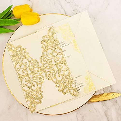 50Sets 5x7 inch 250gsm Light Gold Glitter Wedding Invitations Cards with Envelopes Laser Cut Greeting invites 4 Birthday Bridal Show - Image 4