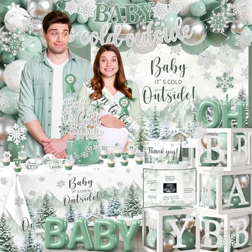 Baby It’s Cold Outside Baby Shower Decorations, Green Winter Baby Shower Decorations Winter Wonderland Tablecloth Banner Backdrop Balloon Box Cupcake Topper Hanging Swirl for Boy Girl Gender Reveal - Image 2