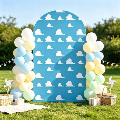 Arch Backdrop Cover Blue Sky White Clouds Toy Theme Party Chiara Arch Backdrop Cover Stretch Spandex Arch Frame Cover for Baby Shower boy Birthday Party Photo Booth Decorations (7.2FT) - Image 5