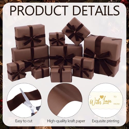 Matte Brown Christmas Kraft Wrapping Paper 45 ft Velvet Ribbon 12 Gift Tags - Image 3