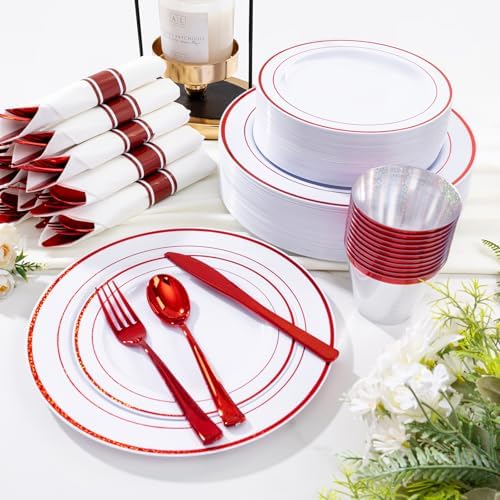 WELLIFE 210 Piece Red Plastic Dinnerware Set, Disposable Plates for Party,Include: 30 Dinner Plates, 30 Dessert Plates, 30 Pre Rolled Napkins with Gold Silverware and 30 Gold Cups - Image 5