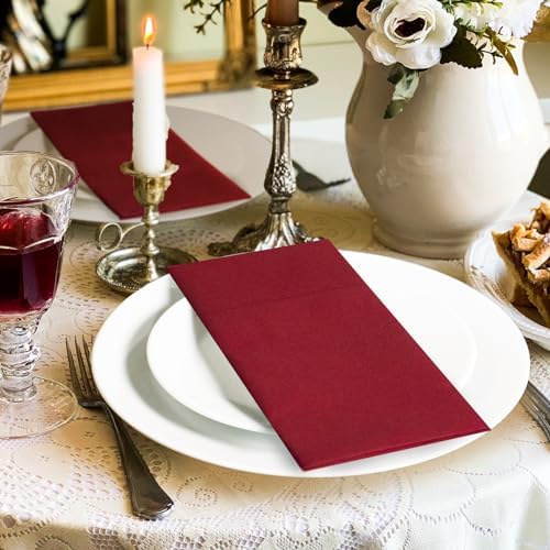 KAMMAK Burgundy Napkins Disposbale Wine Red Cloth like Paper Dinner Napkins with Pocket 100 Pack Guest Hand Towel for Party Decoration, Wedding Reception, Bathroon, Restaurant (16.5 x 16.5 inch) - Image 3